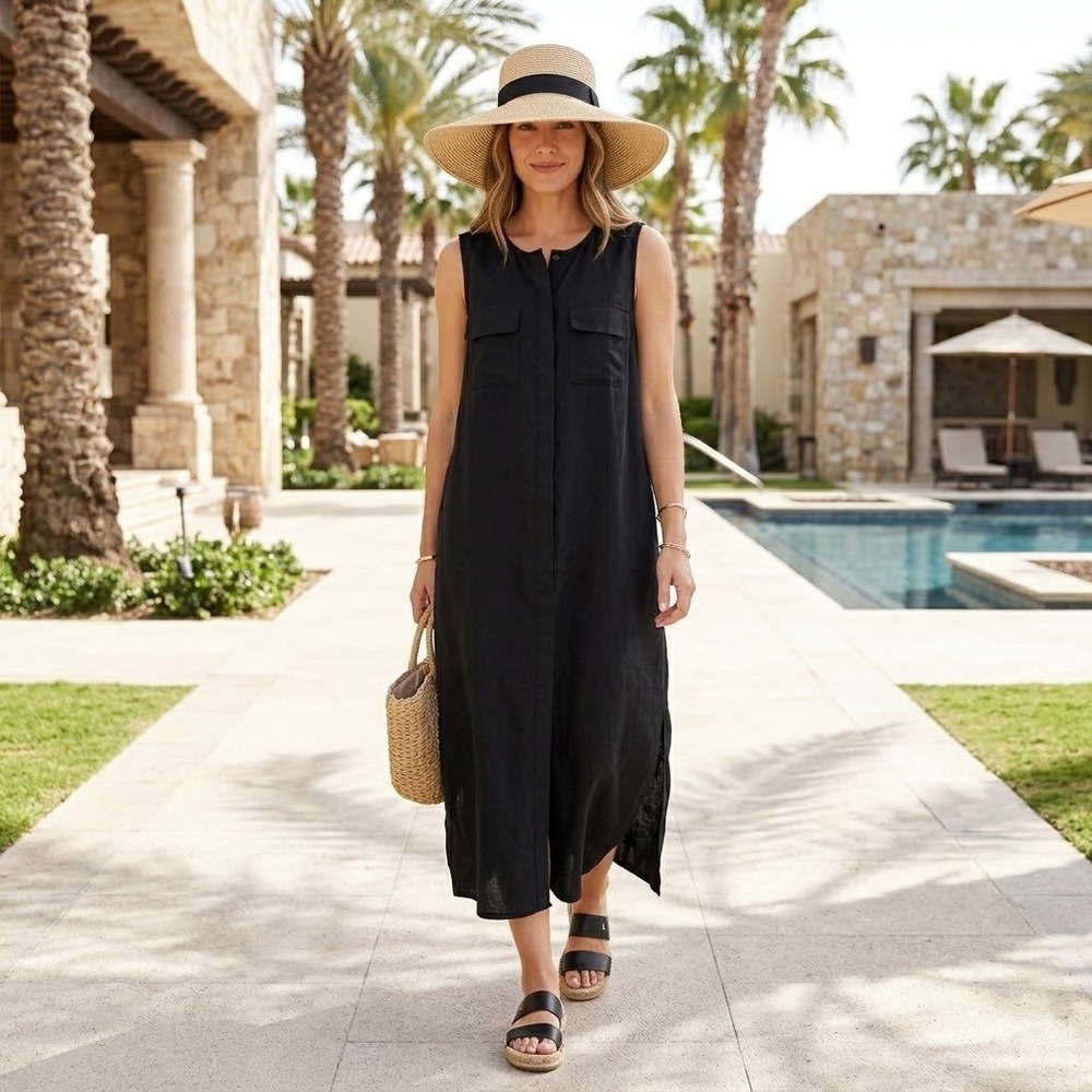 Joe Sleeveless Maxi Shirt Dress Womens 1X Black Pockets Casual Utility Vacation